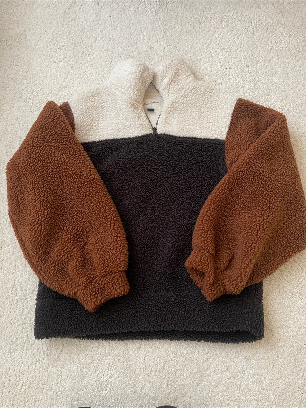 Cozy Colorblock Sherpa Pullover Sweater - Brown/Black/Cream